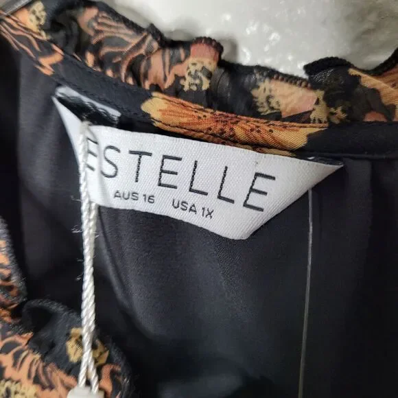 NWT Estelle Womens 1X Golden Blooms Shift Dress Floral Long Sleeve Belted Black - Picture 6 of 12